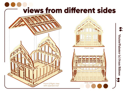 Diagrams of a laser cut plywood Victorian greenhouse showing front, side, and isometric views with an open roof.