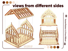Load image into Gallery viewer, Different sides views of a laser cut greenhouse design with removable lid, featuring a unique Victorian-style pattern and detailed overlays, made from plywood, compatible with multiple laser cutting software, including SVG, DXF, and AI formats
