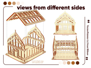 Different sides views of a laser cut greenhouse design with removable lid, featuring a unique Victorian-style pattern and detailed overlays, made from plywood, compatible with multiple laser cutting software, including SVG, DXF, and AI formats