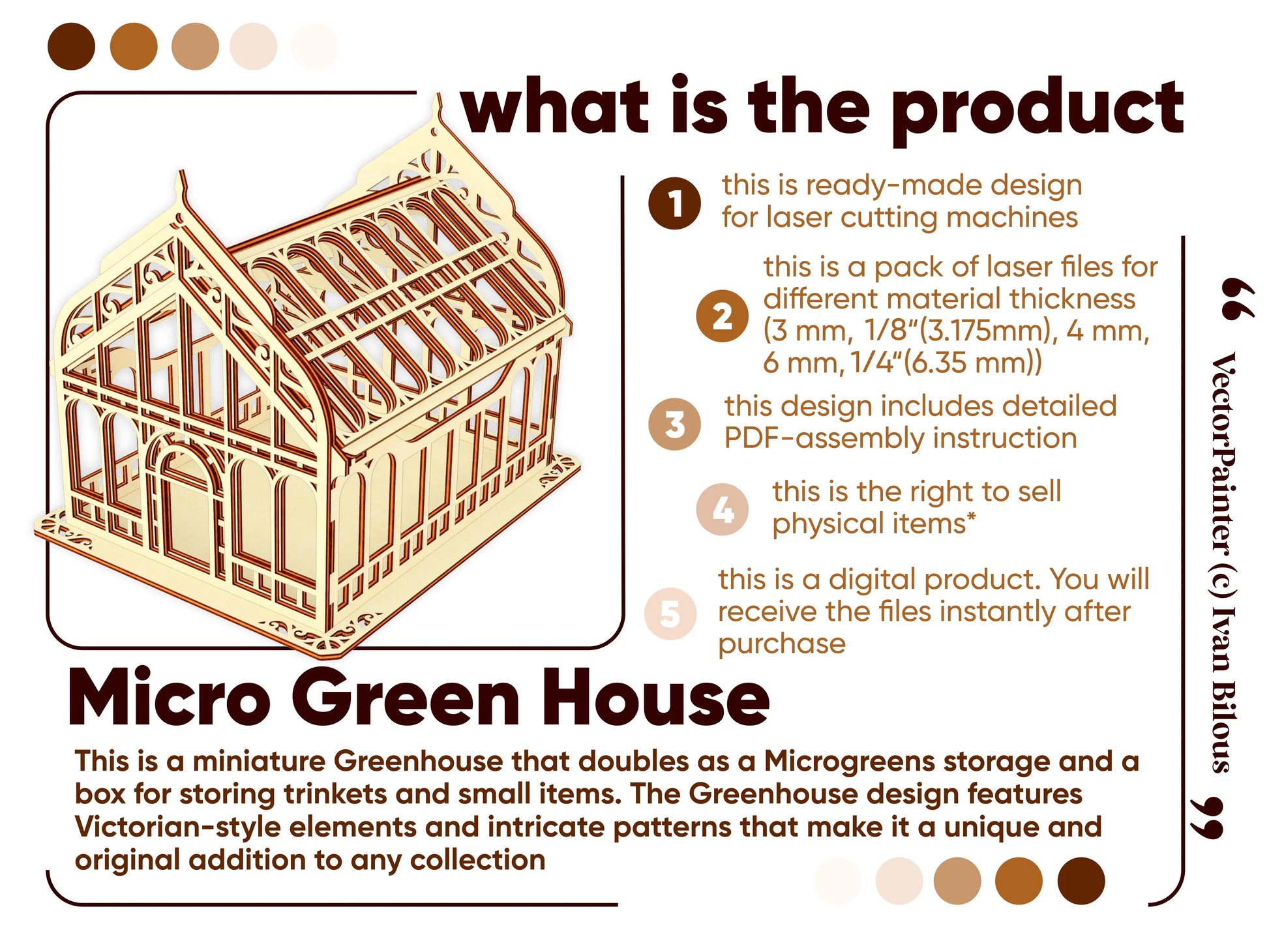 Product feature info for a miniature laser cut plywood Victorian greenhouse vector file pack with assembly steps.