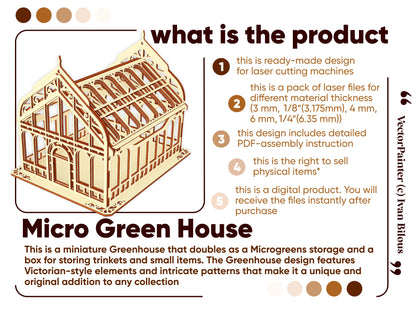 Product feature info for a miniature laser cut plywood Victorian greenhouse vector file pack with assembly steps.
