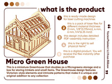 Load image into Gallery viewer, Laser cut file for a miniature greenhouse with intricate Victorian-style patterns and overlays, made of plywood, can be used to grow microgreens or as a stylish storage box, compatible with multiple laser cut software, including SVG, DXF, AI formats

