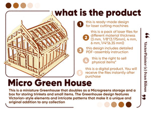 Laser cut file for a miniature greenhouse with intricate Victorian-style patterns and overlays, made of plywood, can be used to grow microgreens or as a stylish storage box, compatible with multiple laser cut software, including SVG, DXF, AI formats