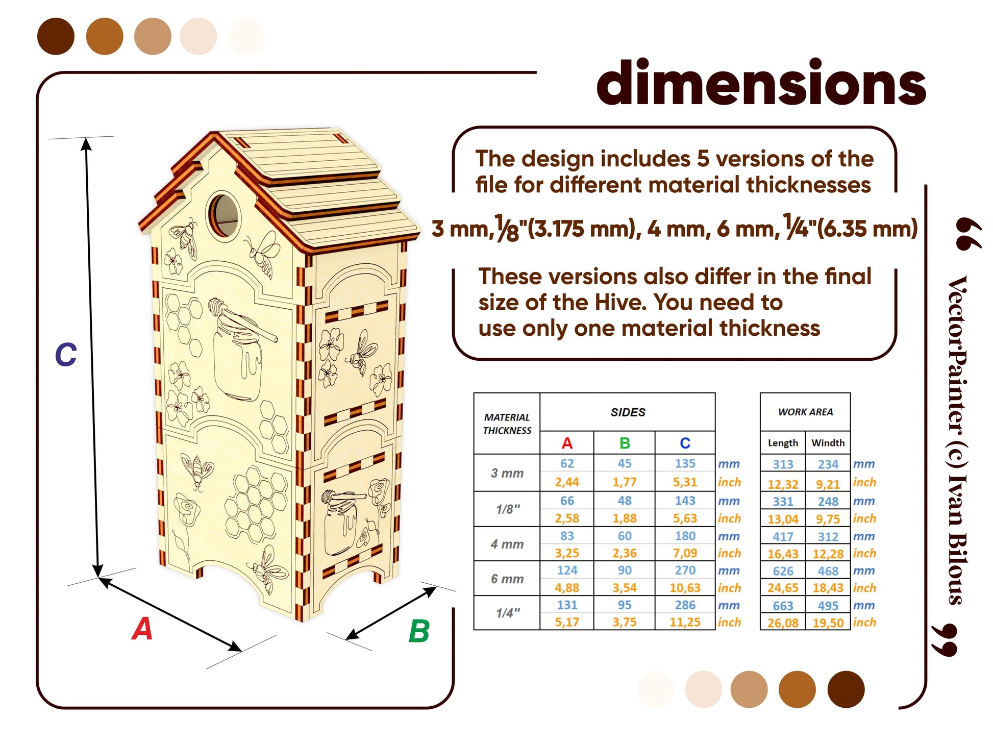 Dimensions of the Honey Bee Hive Laser Cut Miniature - Delightful Hive Design with Removable Honeycombs and Whimsical Bee-inspired Patterns.