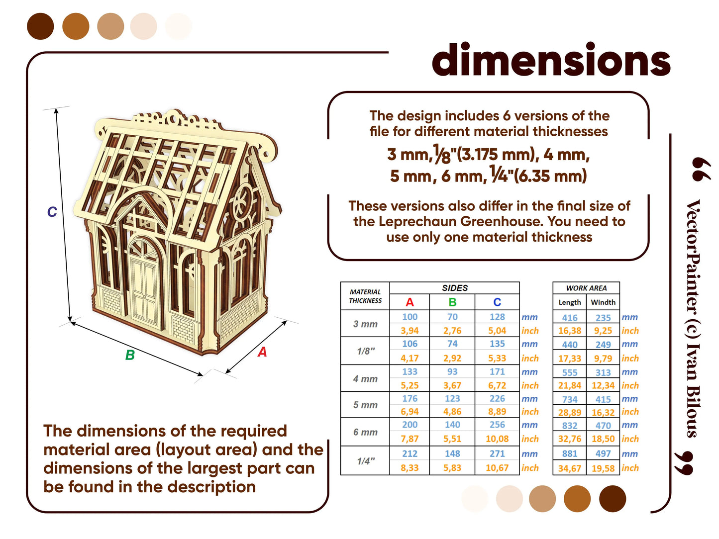 Official technical dimension guide infographic layout with a detailed size chart table for a laser cut plywood greenhouse.