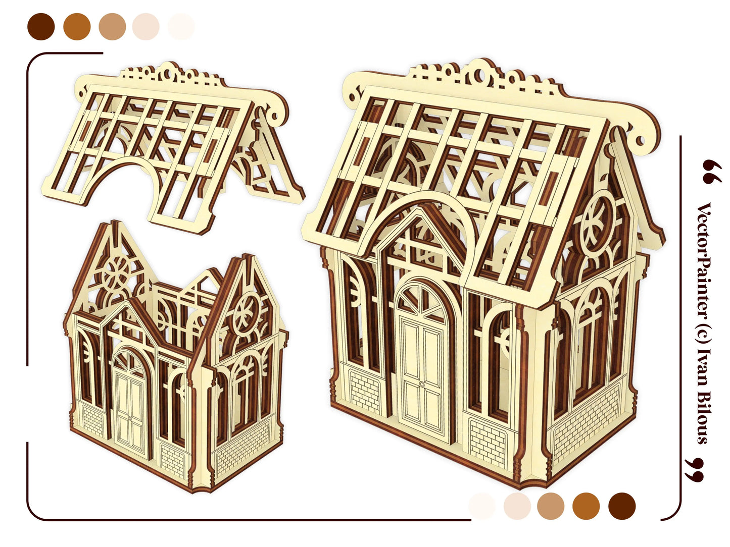 Flat template vector graphic showcasing orthographic straight front and side elevation views of a laser cut plywood house.