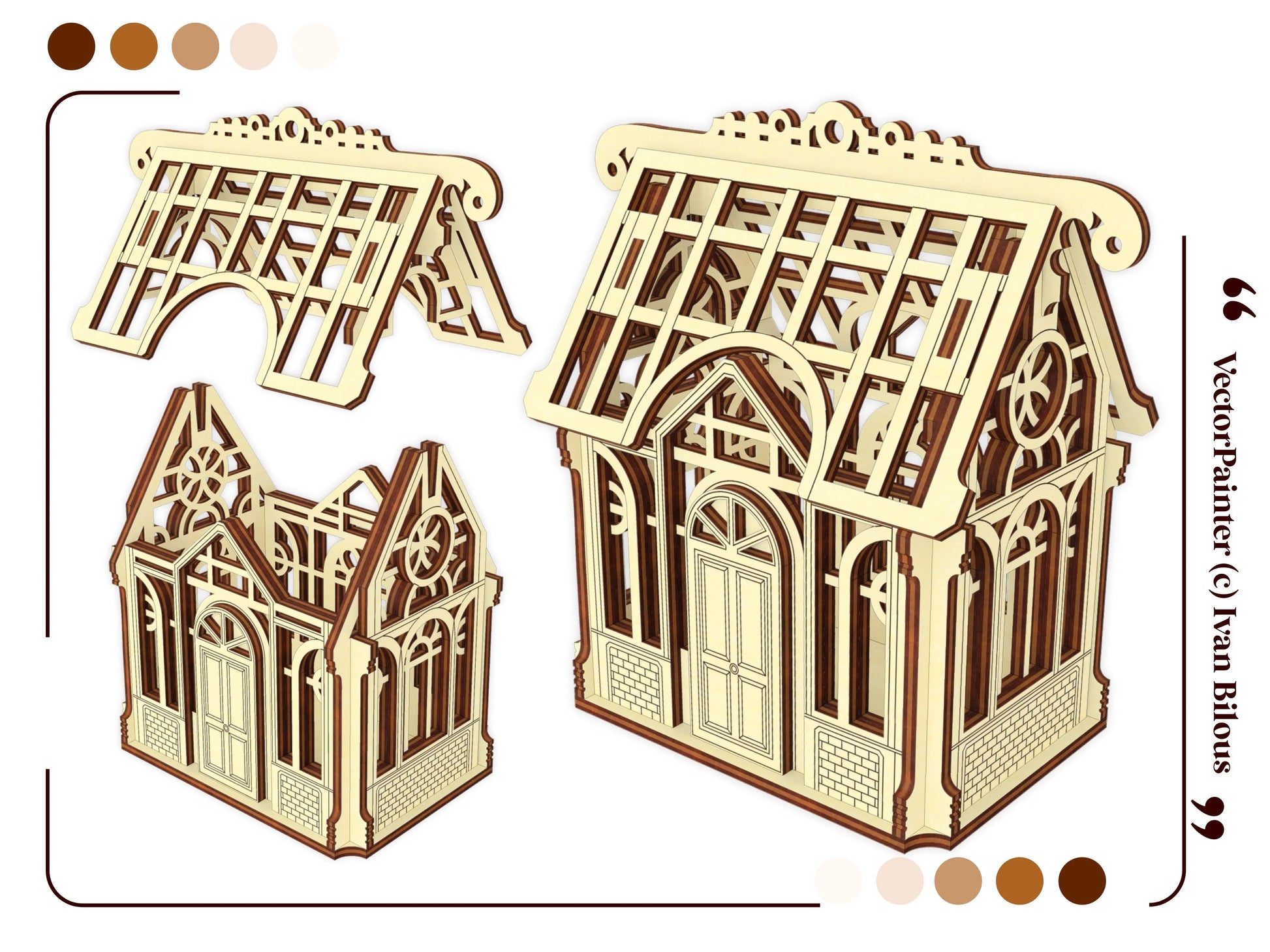 Flat template vector graphic showcasing orthographic straight front and side elevation views of a laser cut plywood house.