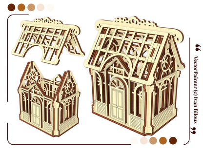 Flat template vector graphic showcasing orthographic straight front and side elevation views of a laser cut plywood house.