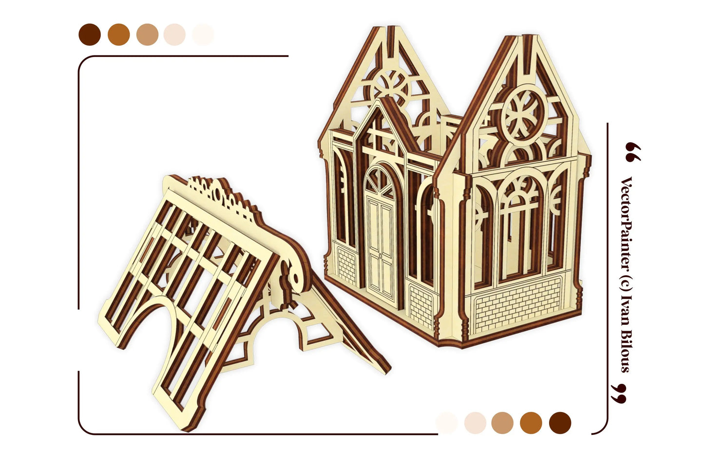 A digital vector presentation page showing an assembled miniature greenhouse base with a roof piece in laser cut plywood.
