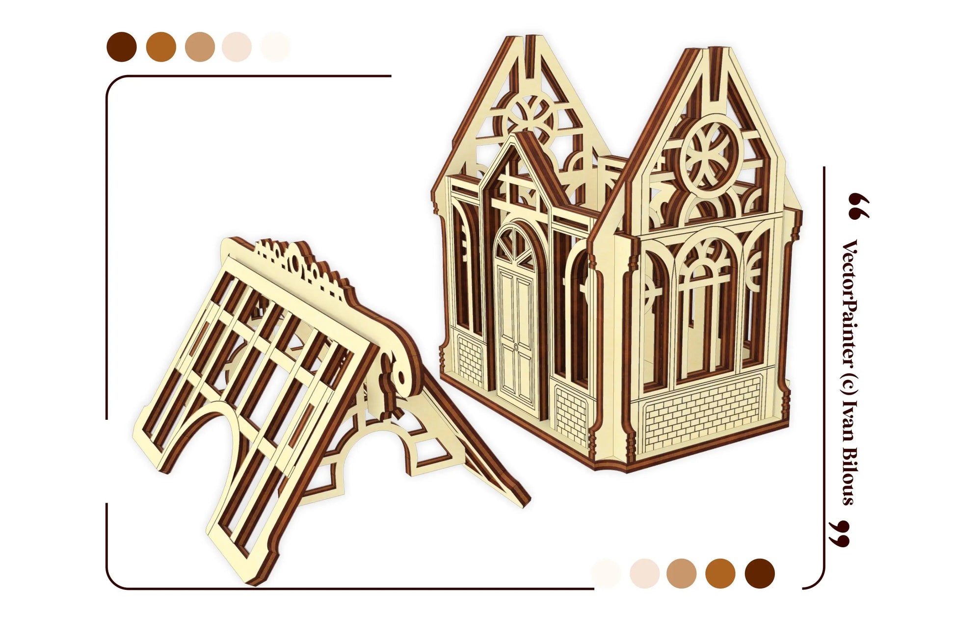 A digital vector presentation page showing an assembled miniature greenhouse base with a roof piece in laser cut plywood.