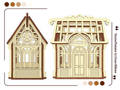 Detailed vector layout template page displaying an assembled miniature greenhouse puzzle made from laser cut plywood lines.