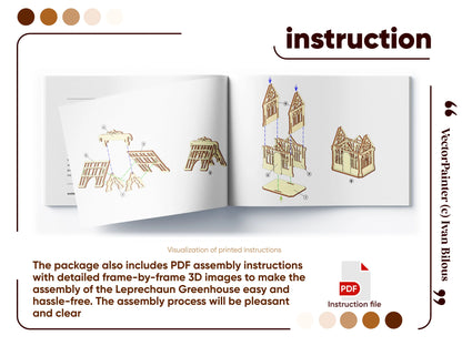 An open assembly instruction manual booklet featuring detailed step-by-step 3D diagrams for a laser cut plywood greenhouse.