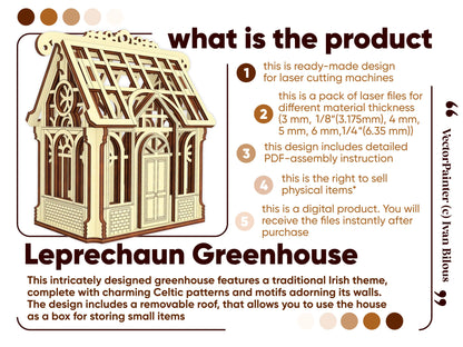 Product details marketing infographic layout containing a detailed specs features list for a laser cut plywood greenhouse.