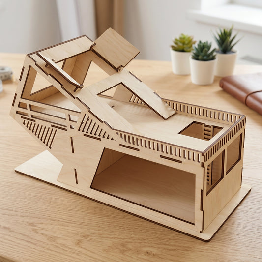Laser cut plywood modern miniature house model with a roof terrace and balconies, sitting on a sunlit wooden desk.