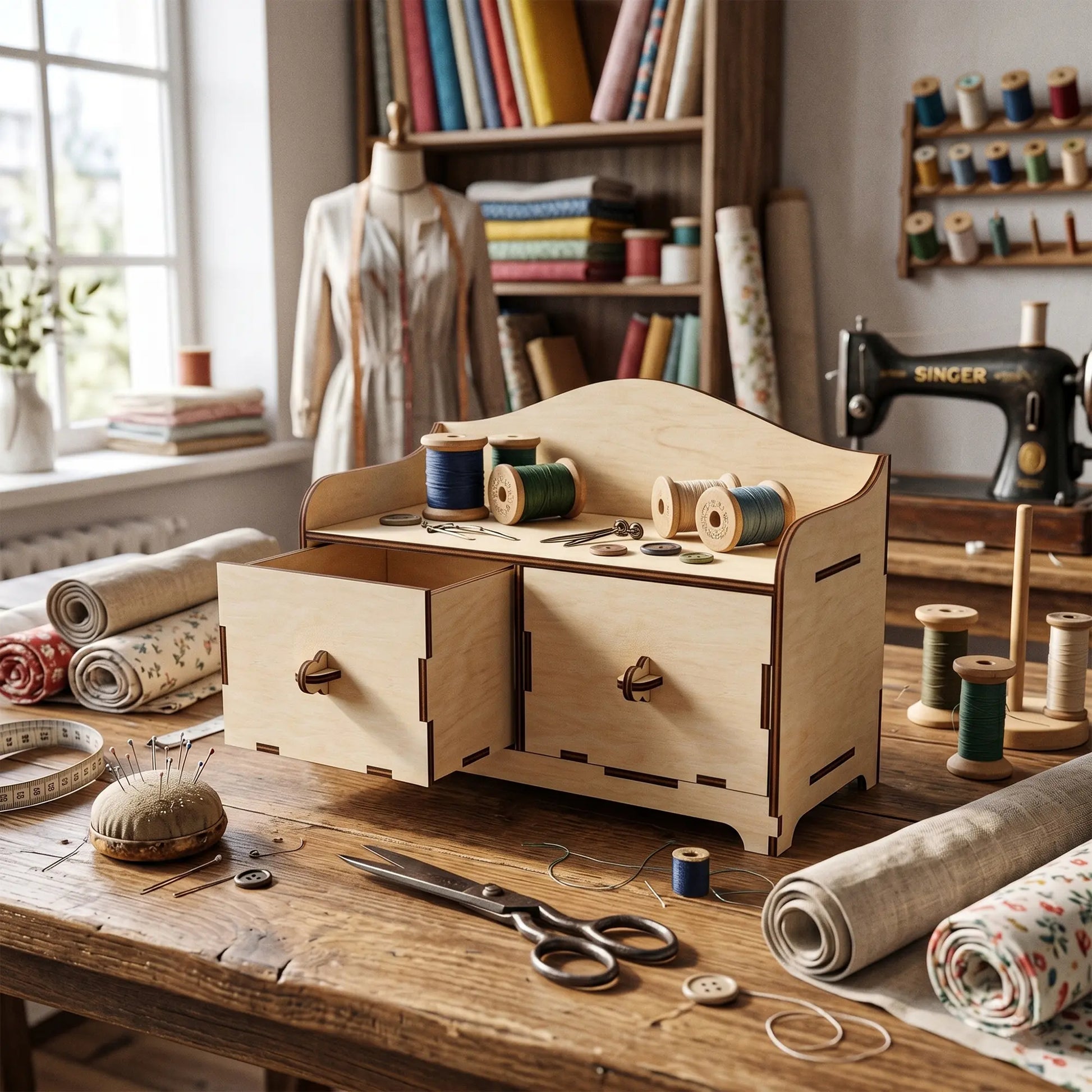 Mini desktop drawers made of laser cut plywood, holding spools of thread on a vintage sewing workshop table.