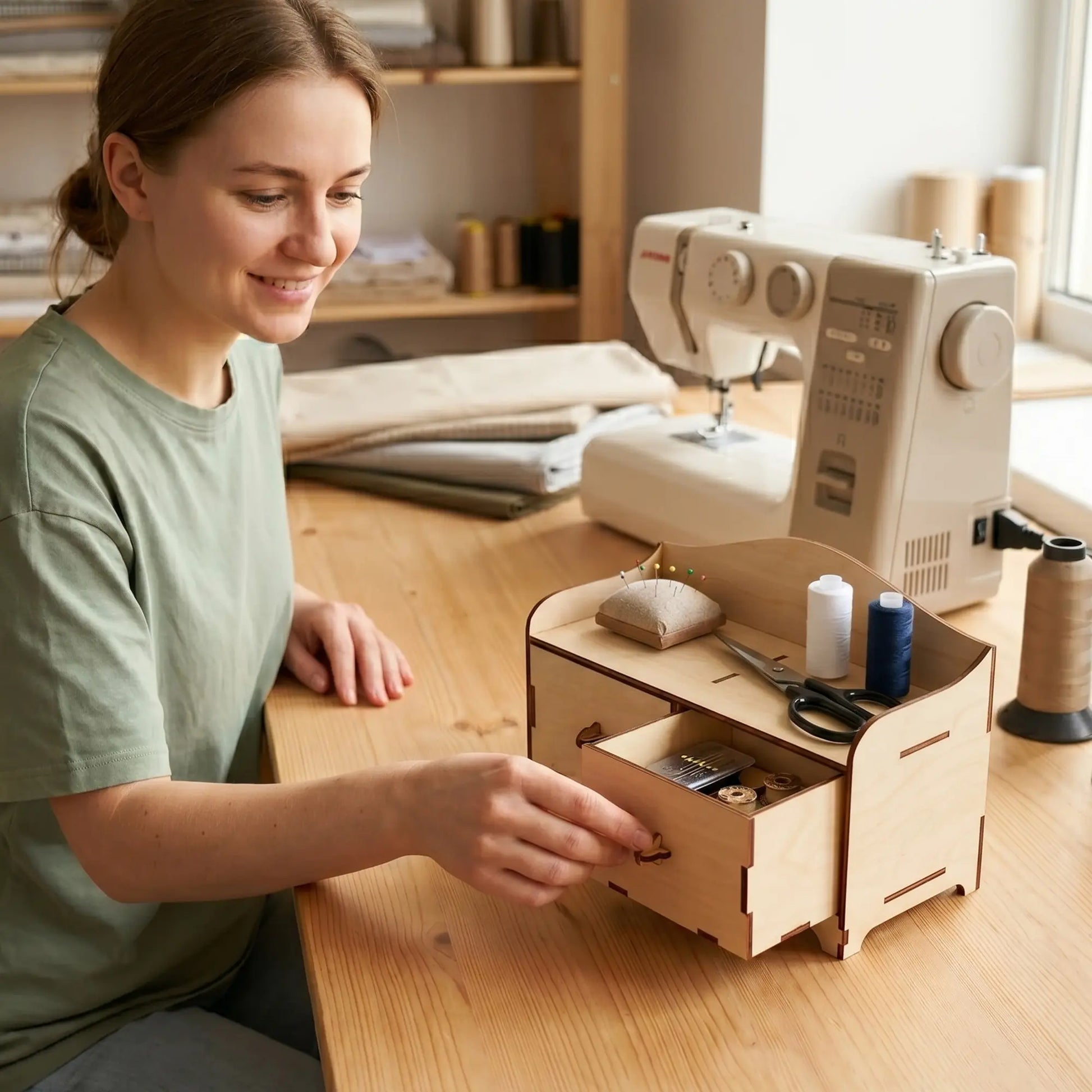 Laser cut plywood mini desk organizer with a drawer, topped with scissors, thread, and a pincushion on a wooden table.