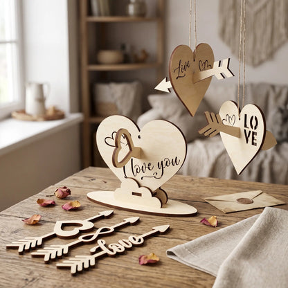 Laser cut plywood heart stand with "I love you" engraving, hanging hearts with arrows and rose petals on a rustic wood table