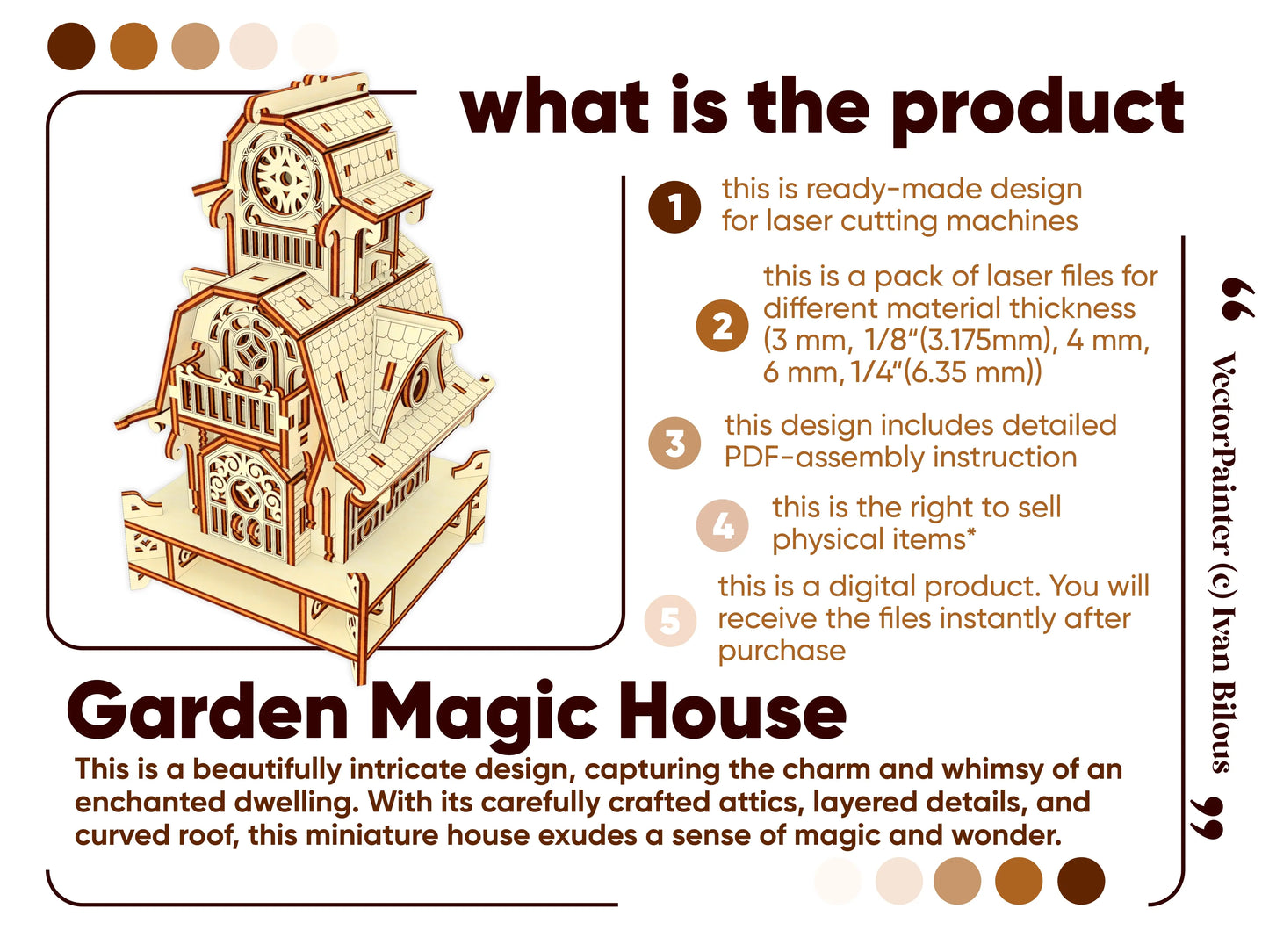 Promotional catalog page for a digital product file used to construct an intricate laser cut plywood magic house.