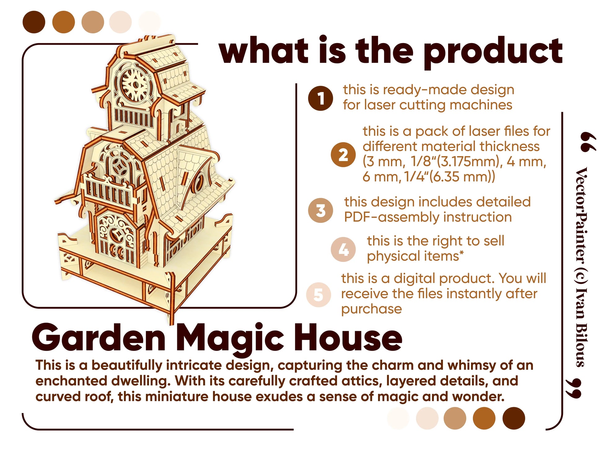 Promotional catalog page for a digital product file used to construct an intricate laser cut plywood magic house.