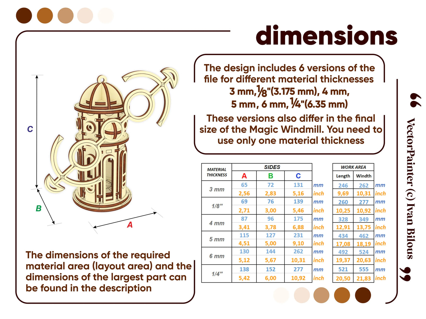 Official technical dimension guide infographic layout with a detailed size chart table for a laser cut plywood windmill.