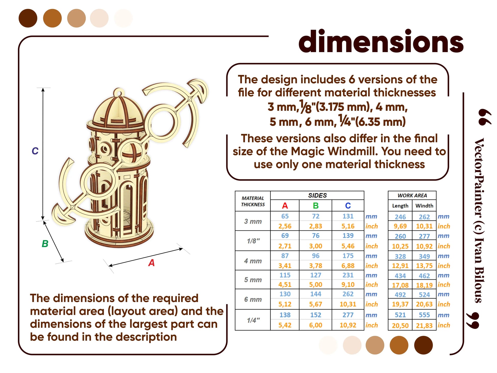 Official technical dimension guide infographic layout with a detailed size chart table for a laser cut plywood windmill.