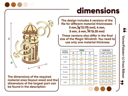 Official technical dimension guide infographic layout with a detailed size chart table for a laser cut plywood windmill.