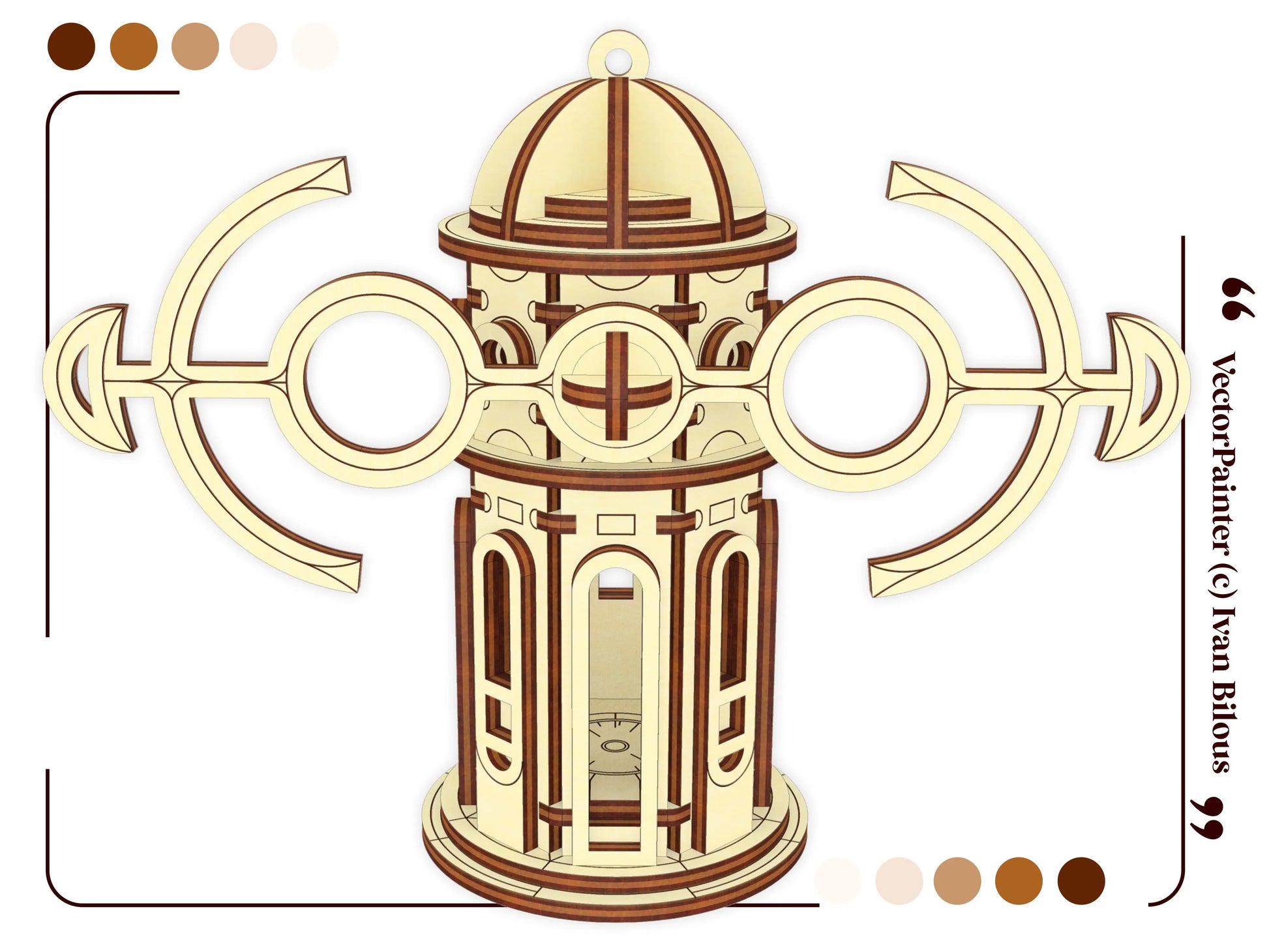 Flat template vector graphic showcasing orthographic straight front and side elevation views of a laser cut plywood mill.