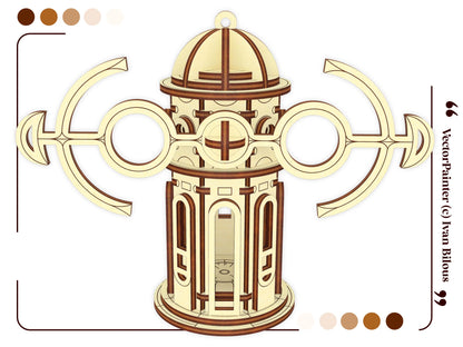 Flat template vector graphic showcasing orthographic straight front and side elevation views of a laser cut plywood mill.