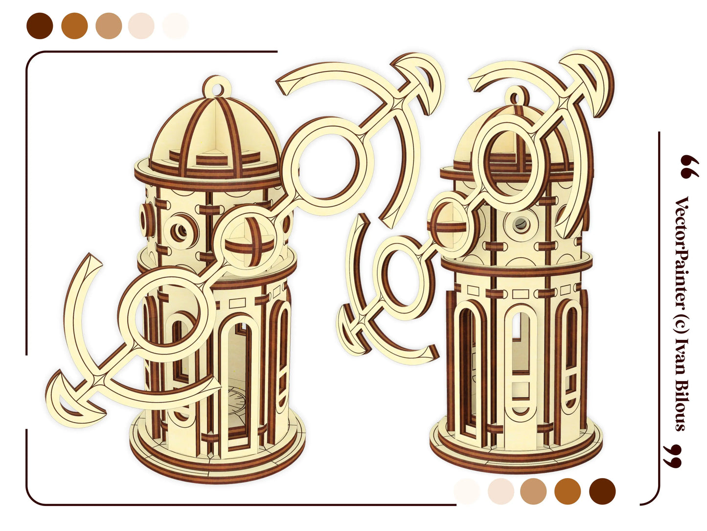 A digital vector presentation page showing an assembled miniature magic windmill house base with a laser cut plywood roof.