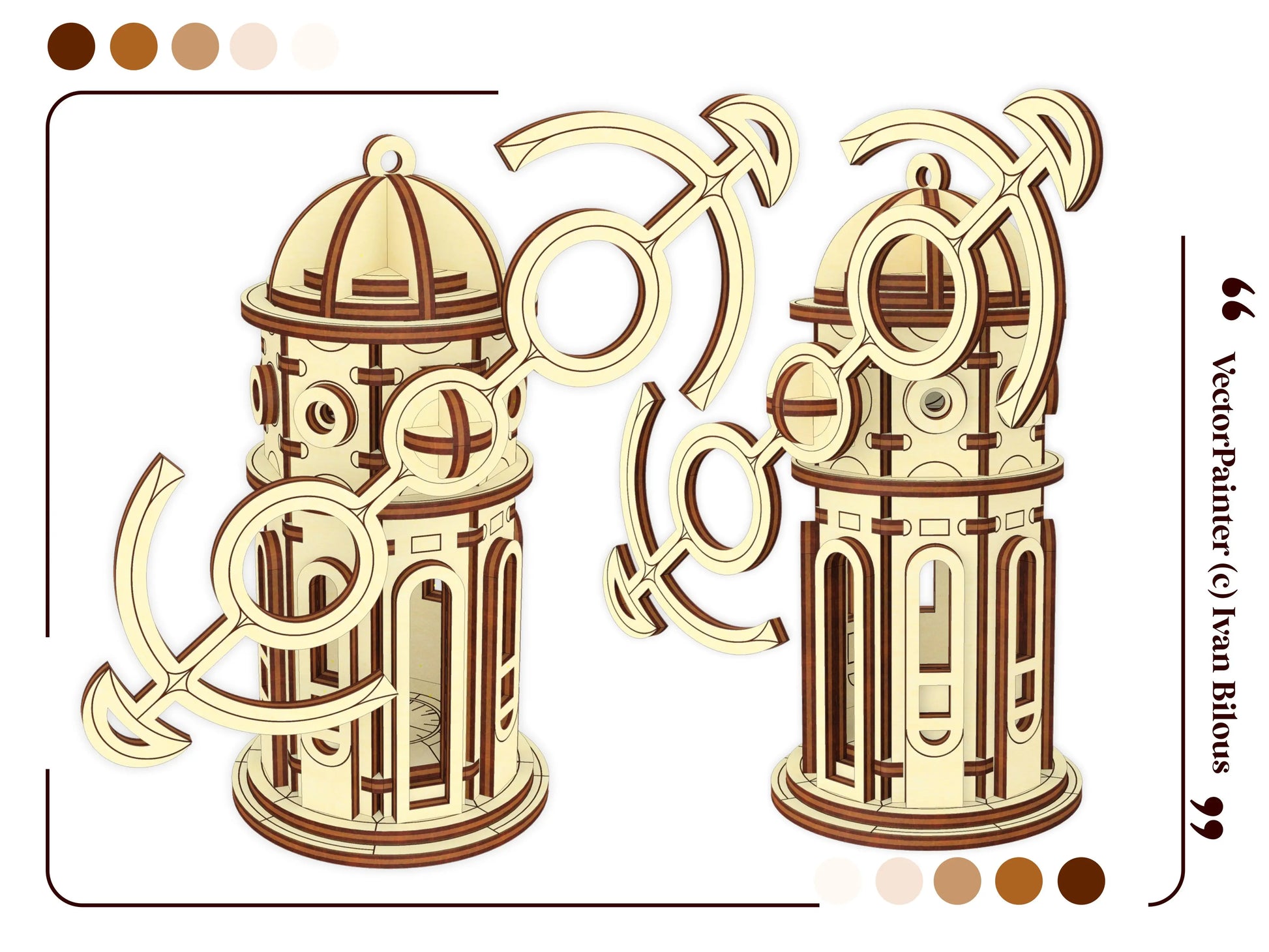 A digital vector presentation page showing an assembled miniature magic windmill house base with a laser cut plywood roof.