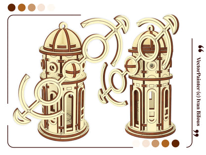 A digital vector presentation page showing an assembled miniature magic windmill house base with a laser cut plywood roof.