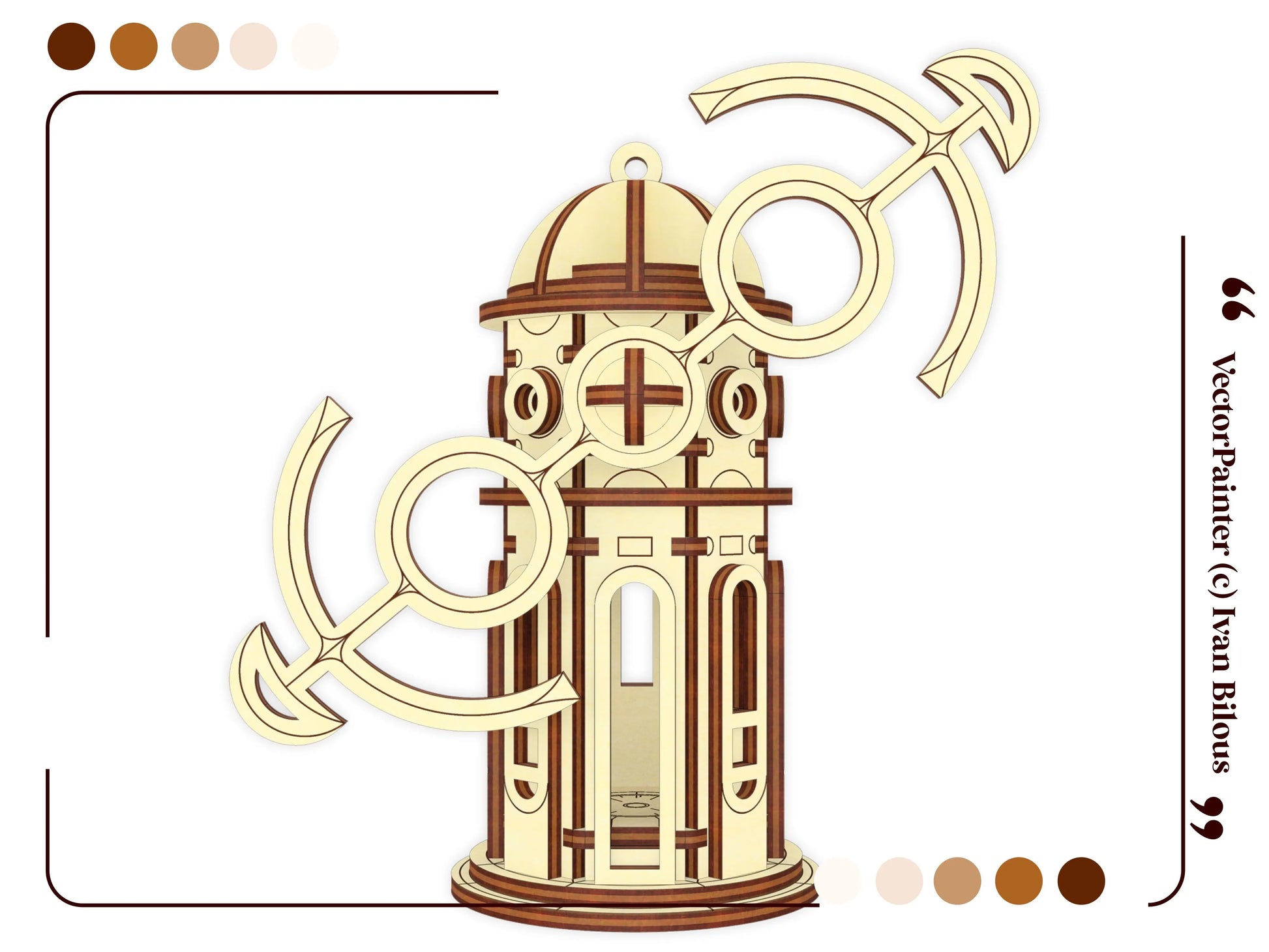 Detailed vector layout template graphic page displaying an assembled miniature magic windmill made of laser cut plywood.