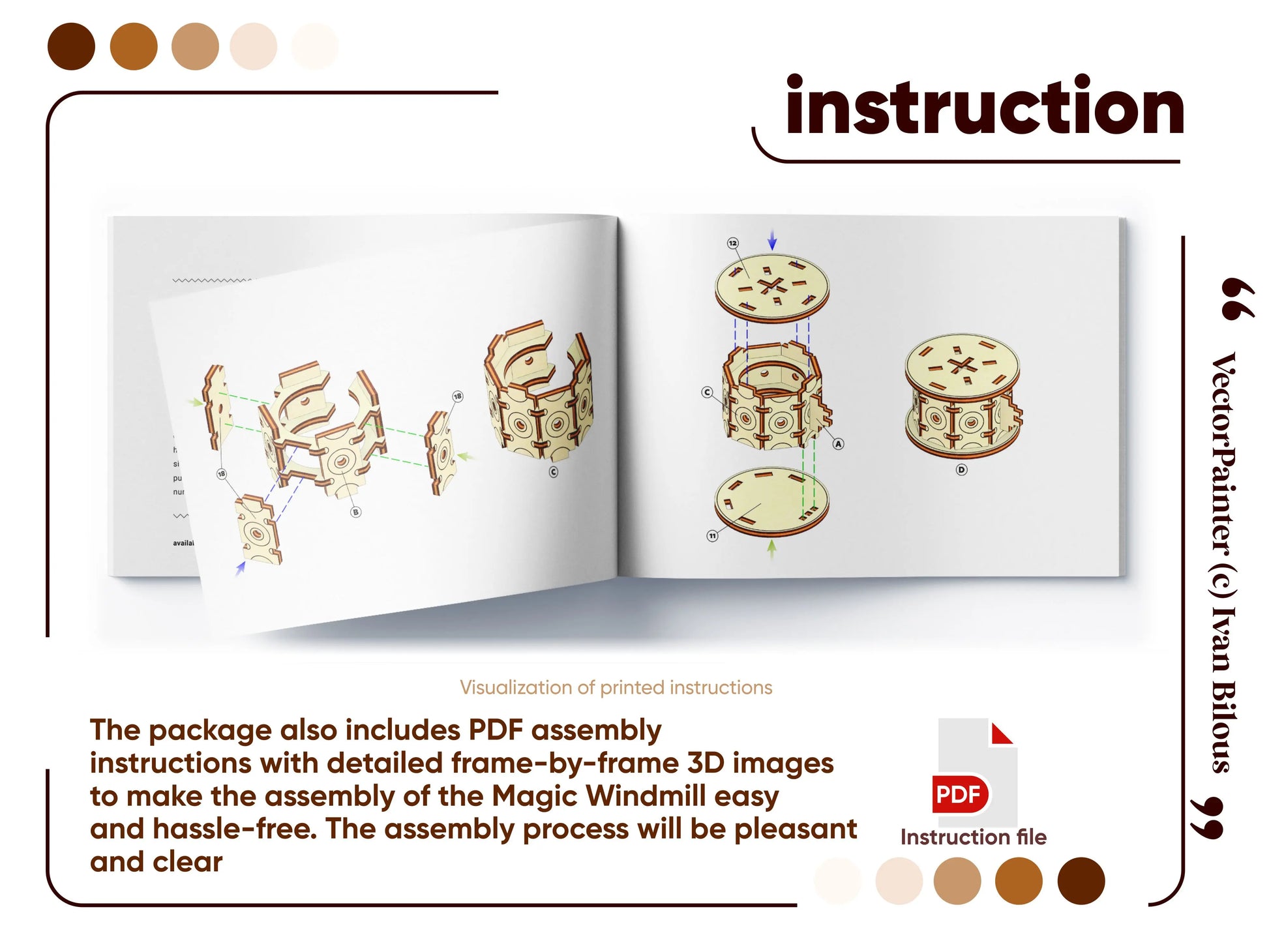 An open assembly instruction manual booklet featuring detailed step-by-step 3D diagrams for a laser cut plywood windmill.