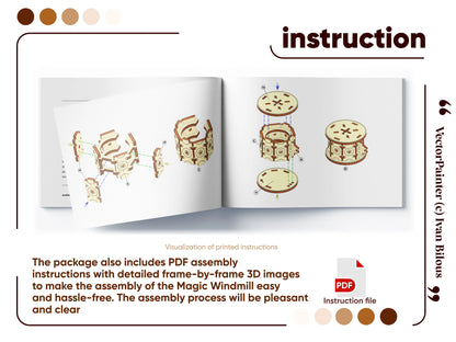 An open assembly instruction manual booklet featuring detailed step-by-step 3D diagrams for a laser cut plywood windmill.