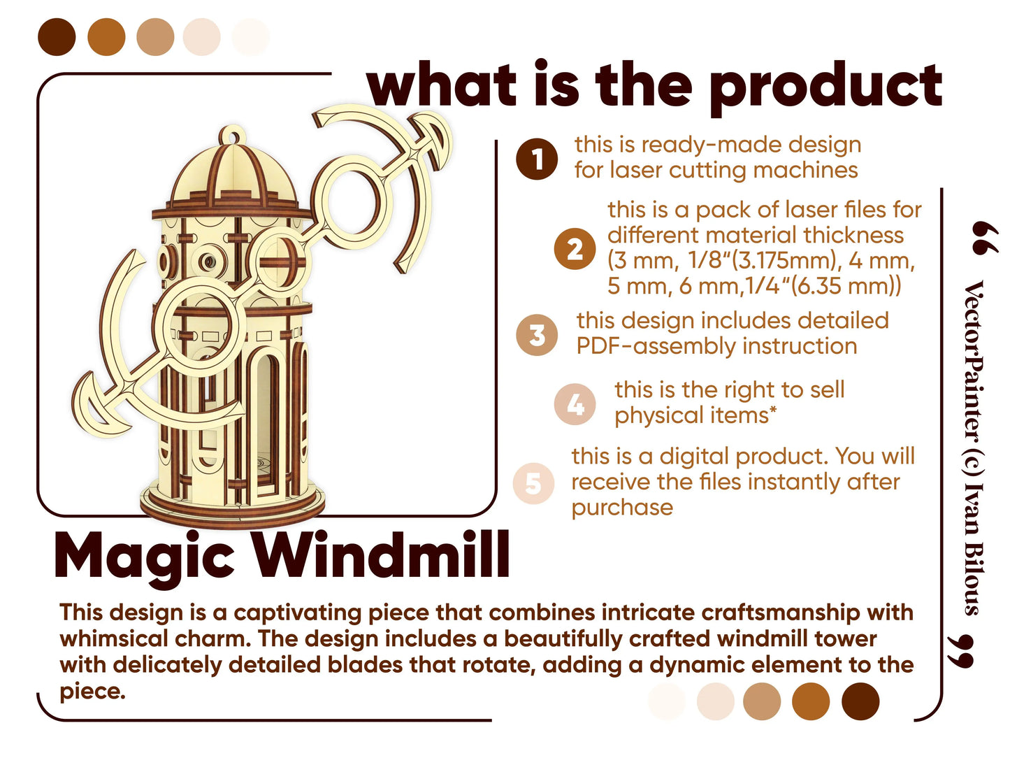 Product details marketing infographic layout containing a detailed specs features list for a laser cut plywood windmill.