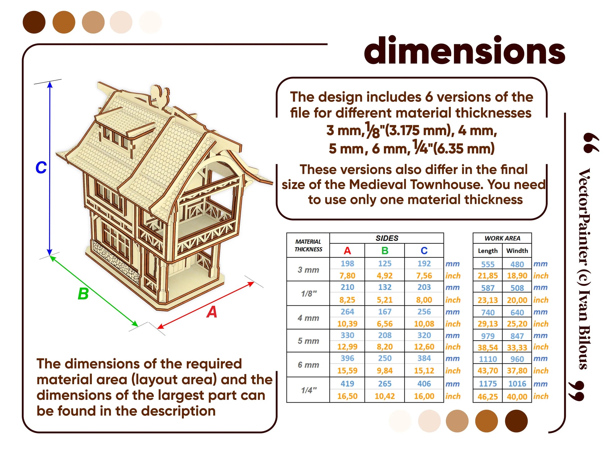 Dimension chart infographic featuring a detailed size table for six different thicknesses of a laser cut plywood townhouse.