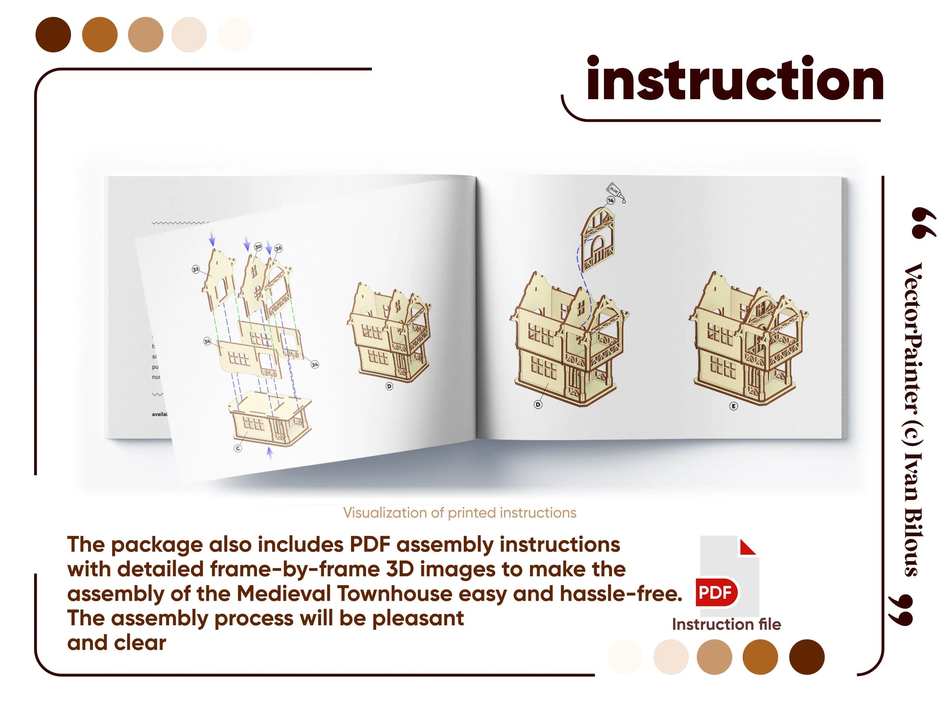 Graphic layout of an open PDF assembly manual showing 3D step-by-step diagrams for a laser cut plywood medieval townhouse.