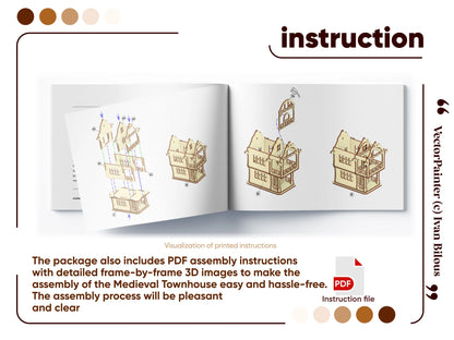 Graphic layout of an open PDF assembly manual showing 3D step-by-step diagrams for a laser cut plywood medieval townhouse.