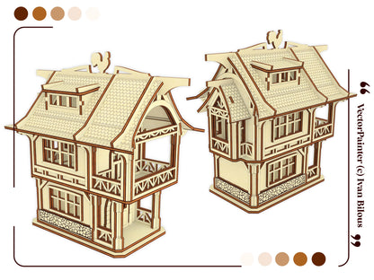 Two multi-angle 3D graphic render views showcasing the detailed open balconies of a laser cut plywood medieval townhouse.