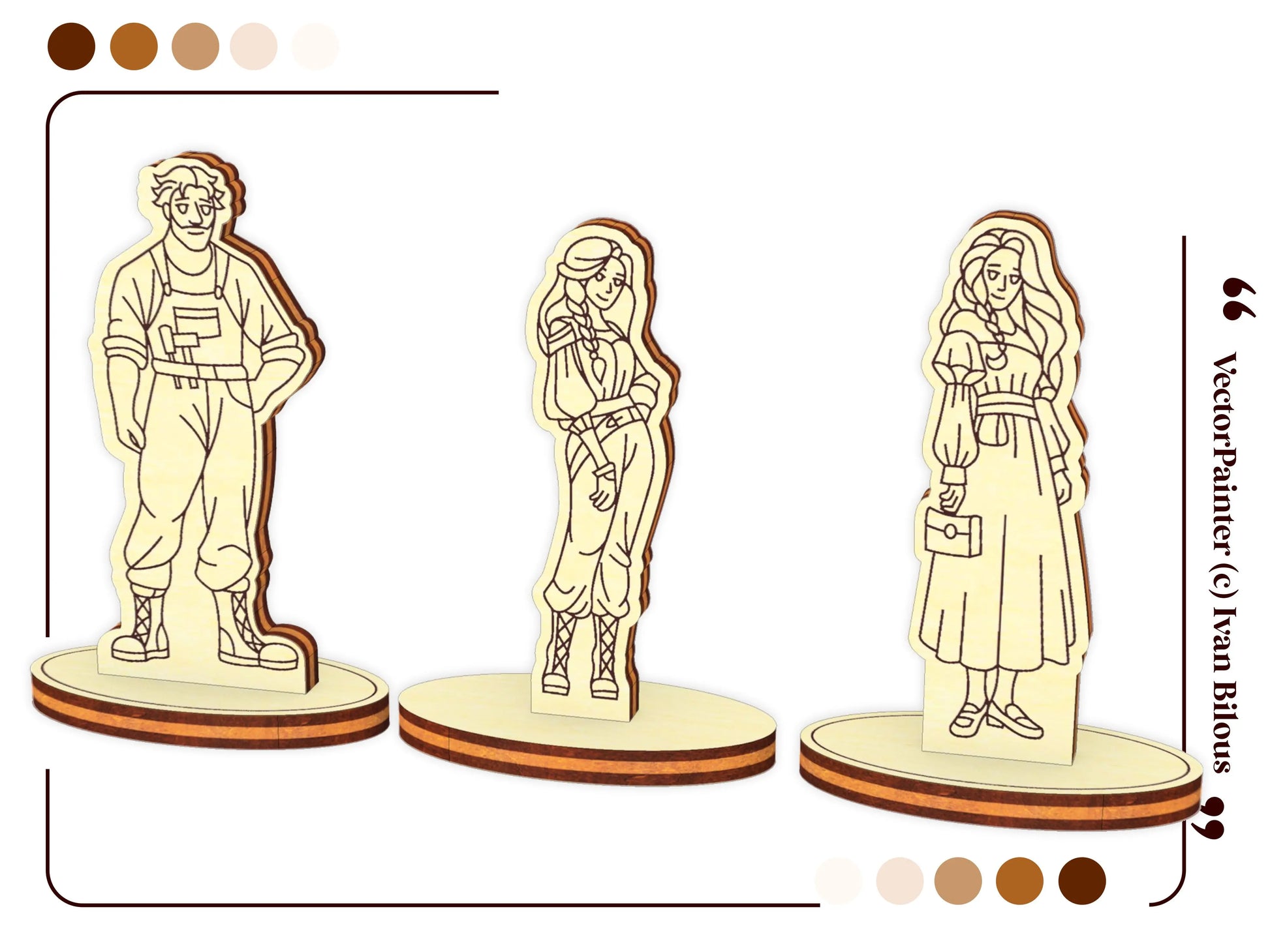Three miniature wooden medieval character standees on oval bases, designed as part of a laser cut plywood townhouse kit.