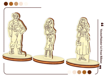 Three miniature wooden medieval character standees on oval bases, designed as part of a laser cut plywood townhouse kit.
