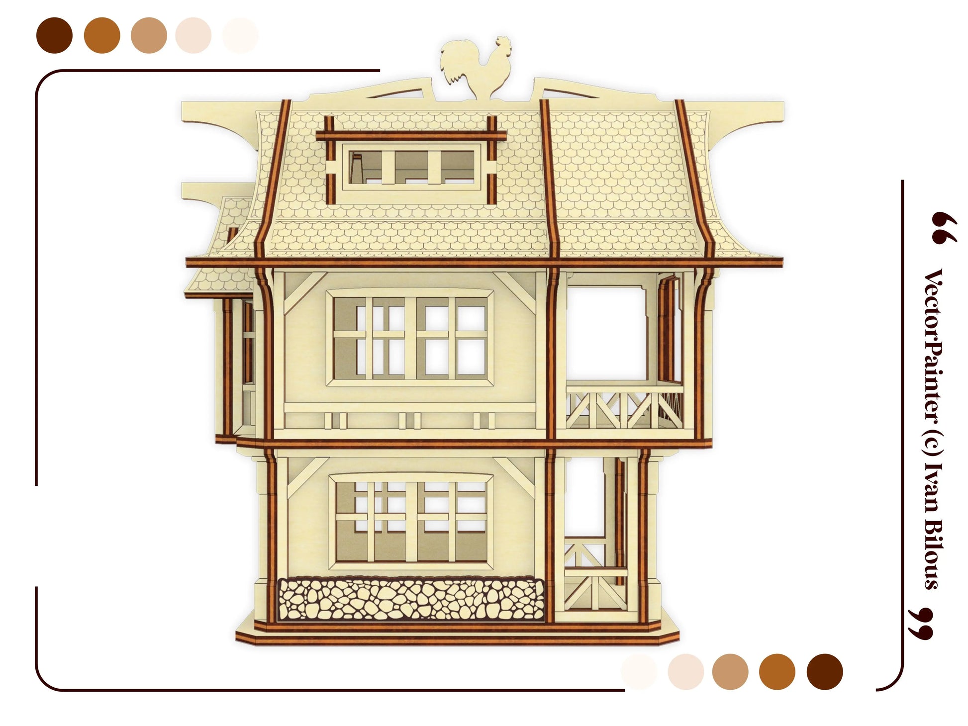 Detailed 2D vector graphic view showing the architectural facade and ornate roof of a laser cut plywood medieval townhouse.