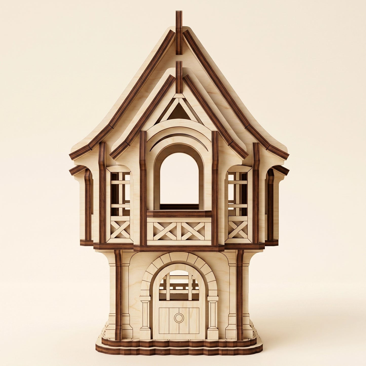 Front view of a detailed medieval village house model crafted from laser cut plywood.