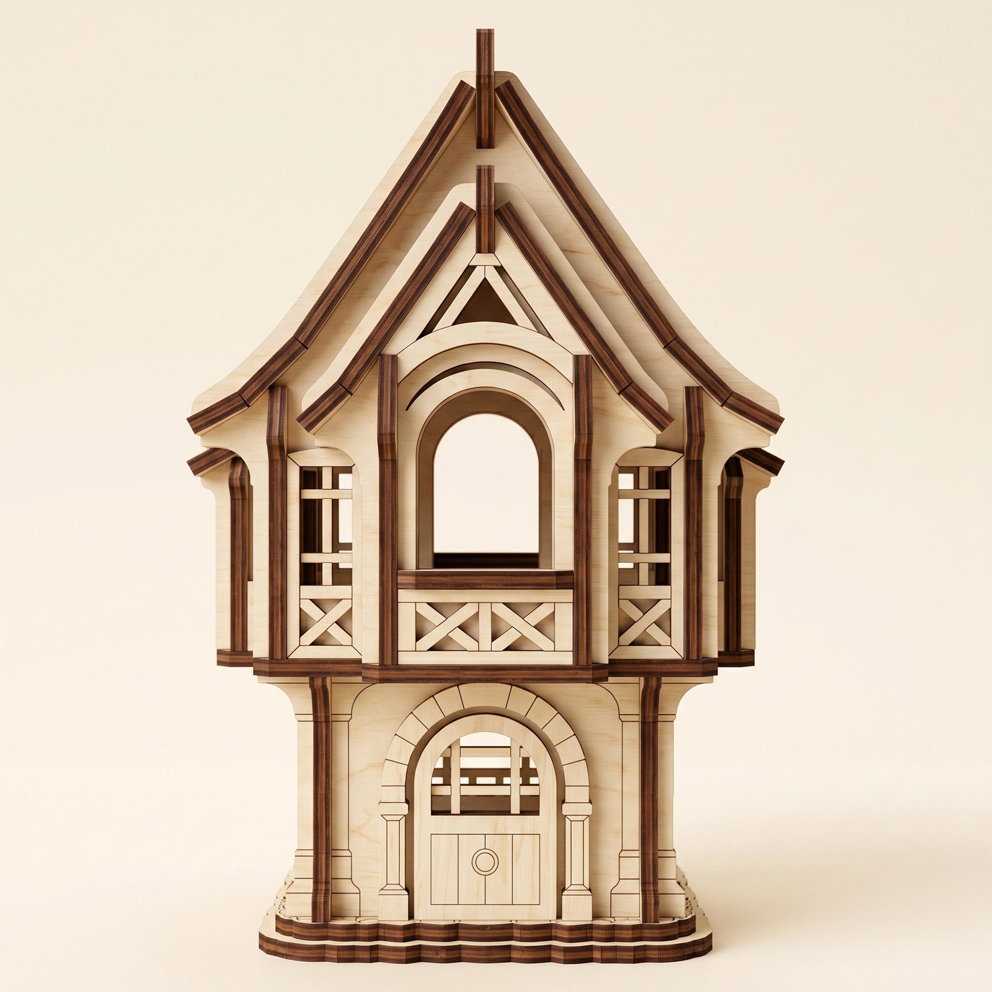 Front view of a detailed medieval village house model crafted from laser cut plywood.