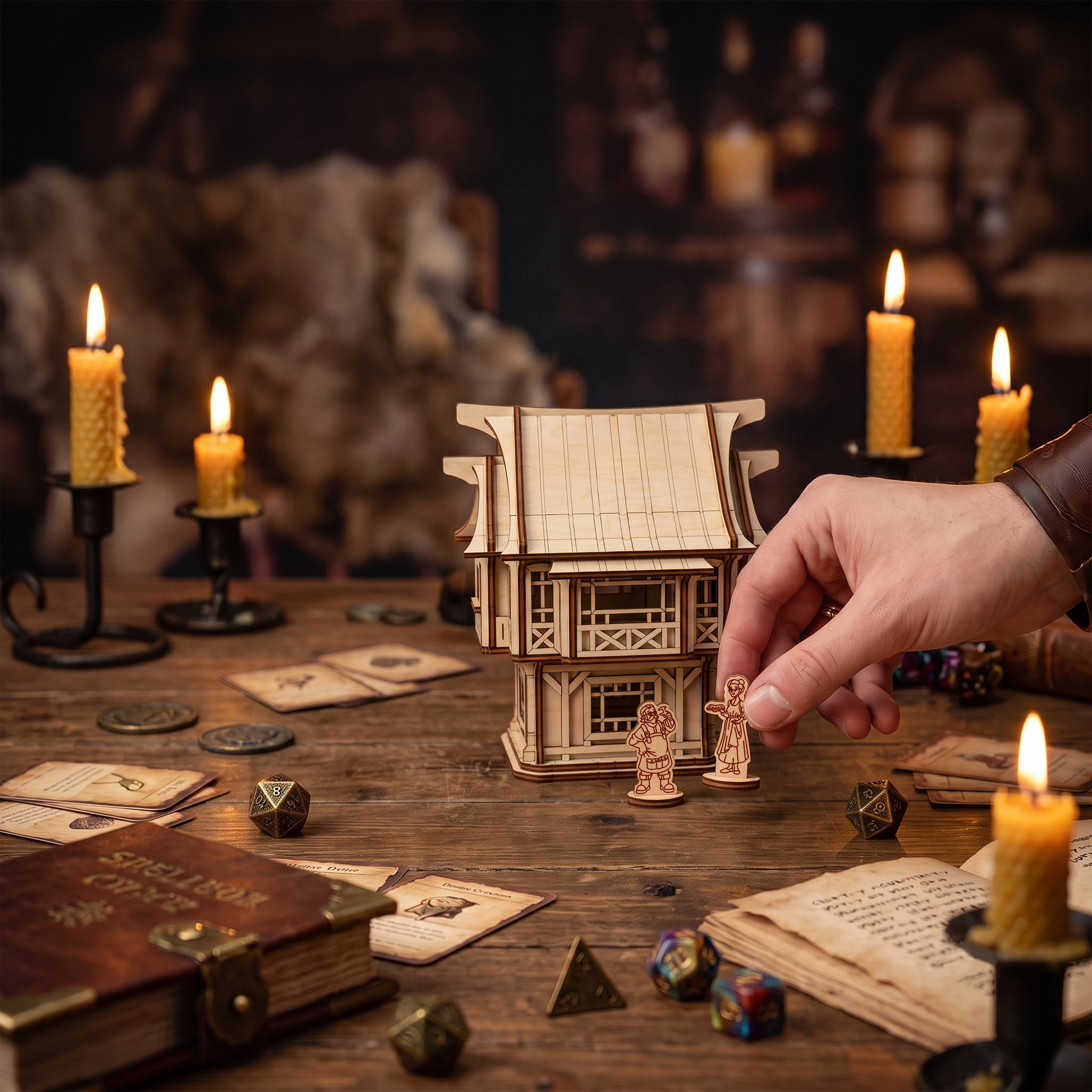Miniature laser cut plywood medieval house in a D&D tabletop setting with dice and candles.