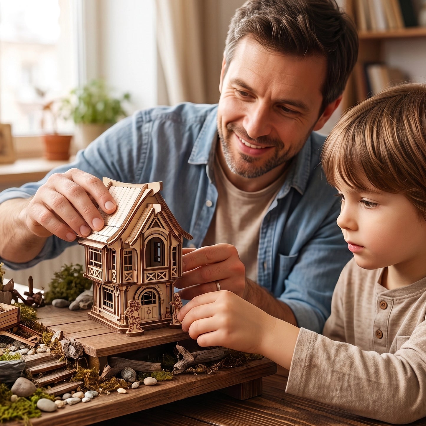 Father and son building a medieval village house model from laser cut plywood on a wooden table.