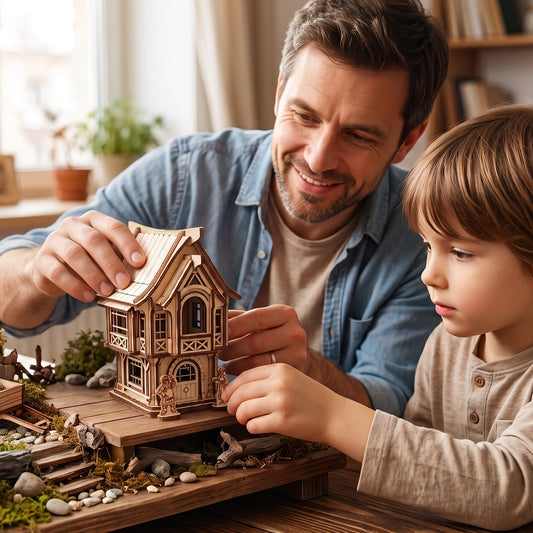 Father and son building a medieval village house model from laser cut plywood on a wooden table.