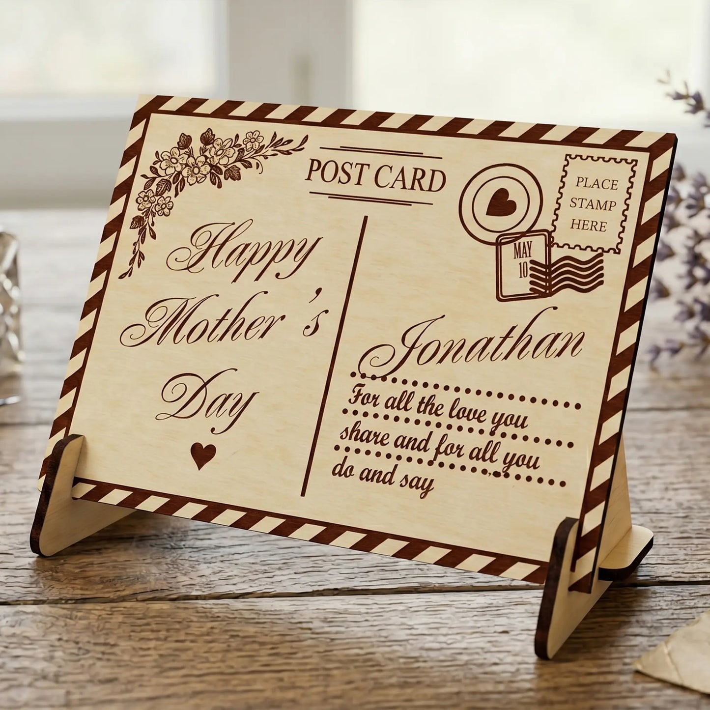 Laser cut plywood Mother's Day postcard on a stand, featuring floral engravings and custom name, on a rustic wood surface