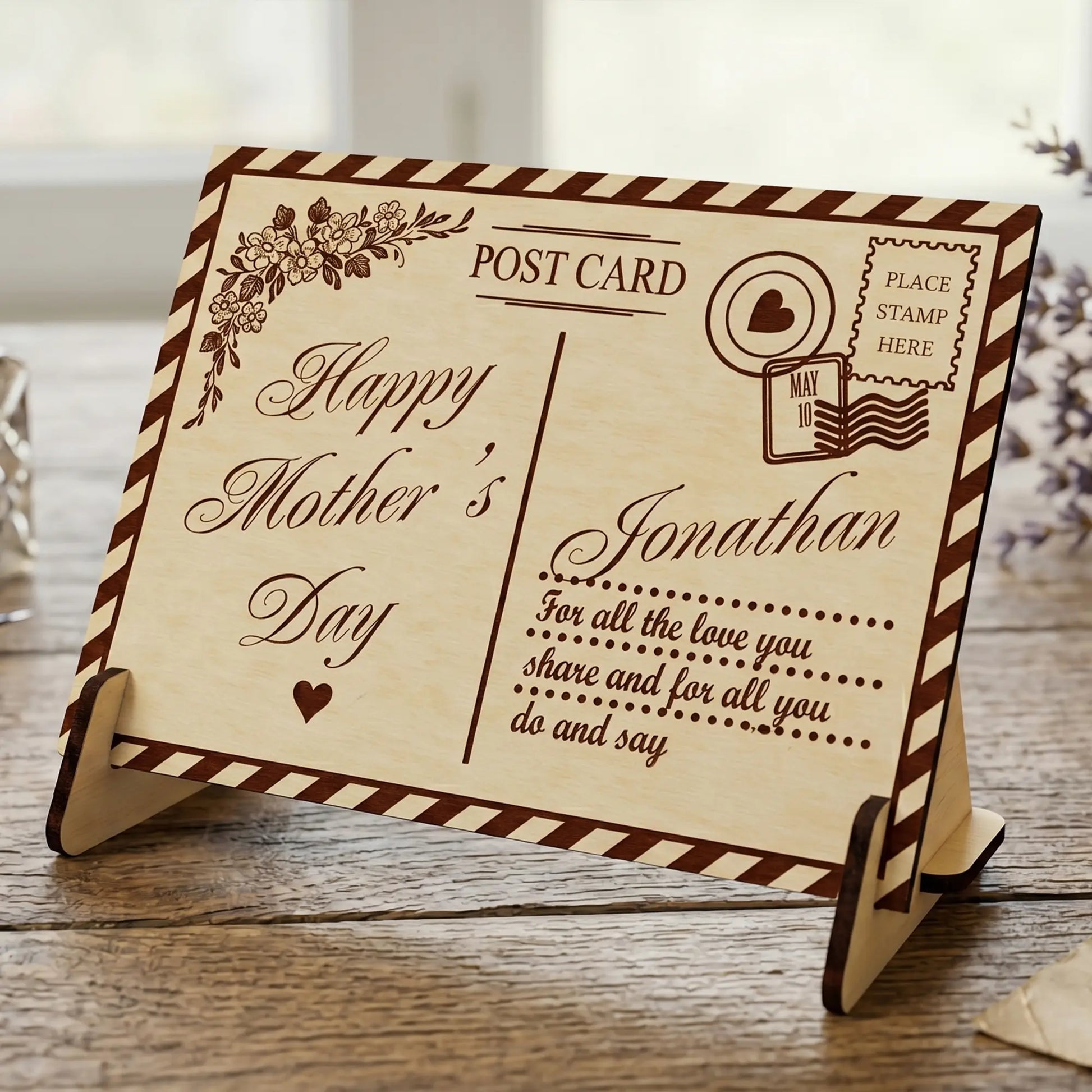 Laser cut plywood Mother's Day postcard on a stand, featuring floral engravings and custom name, on a rustic wood surface