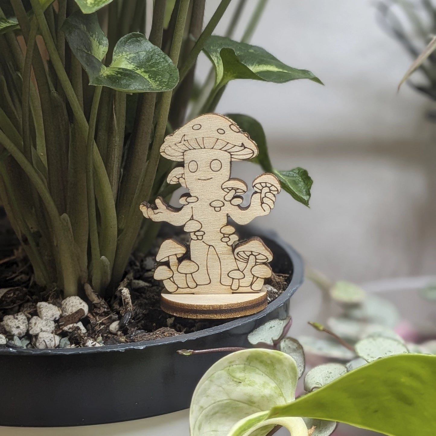 Laser cut plywood mushroom folk figurine sits in a green plant pot. Features a spotted cap, small arms, and solid wood base